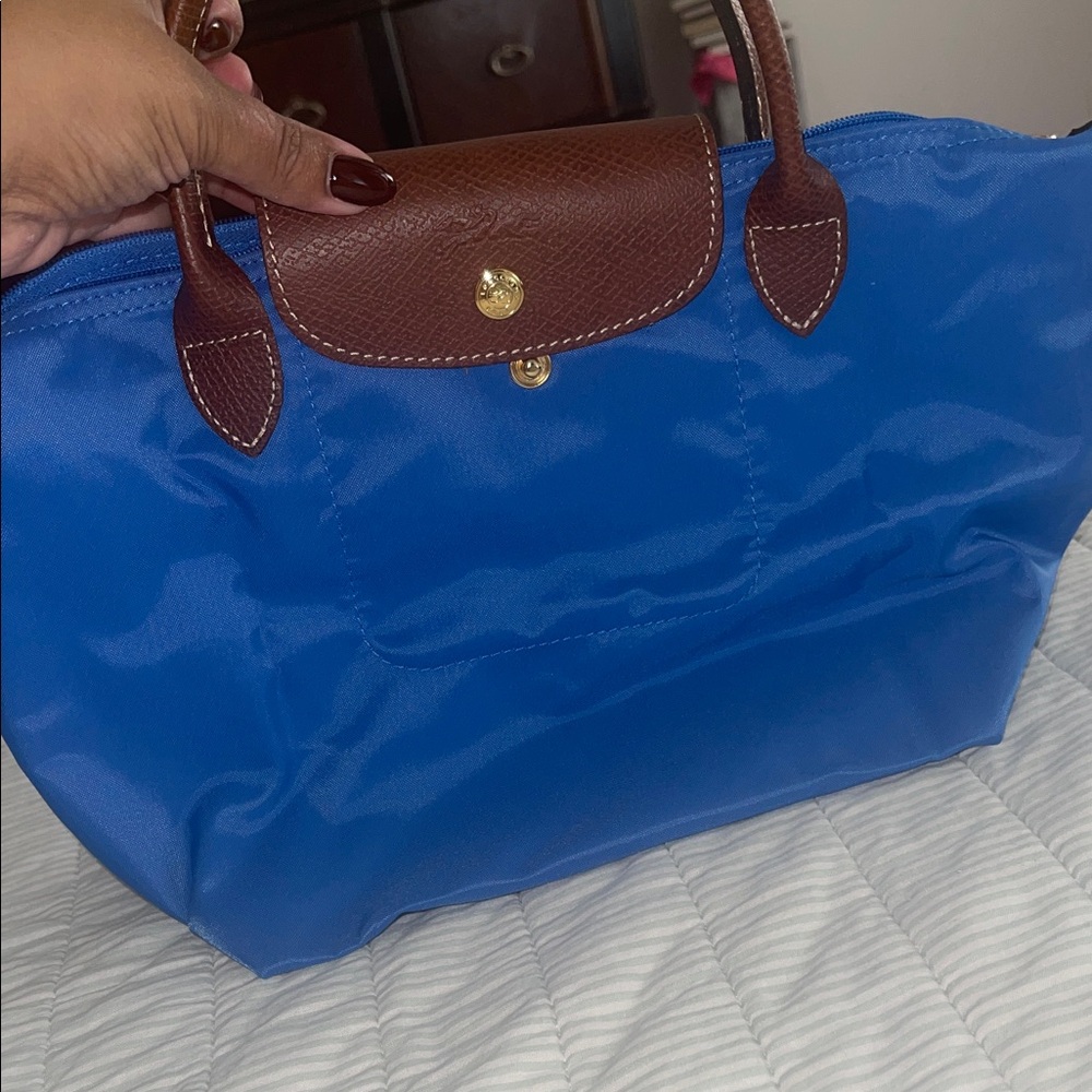 Longchamp Blue and Brown Tote Bag short handle small tote
